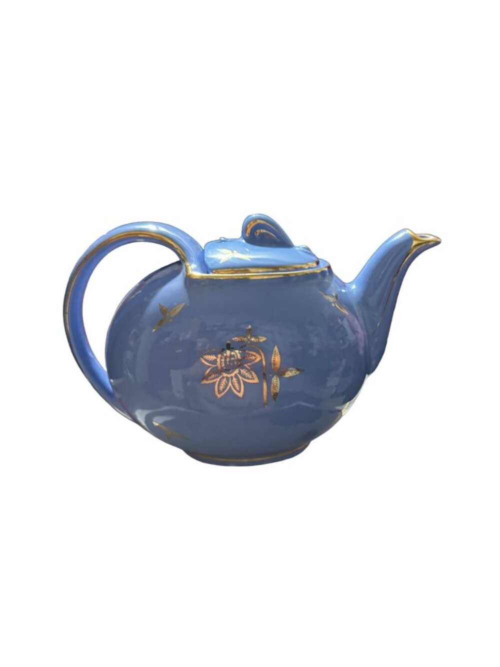 Tea Pot Hall Cadet Blue 1940s Hooked Lid Gold Trim 6 Cup